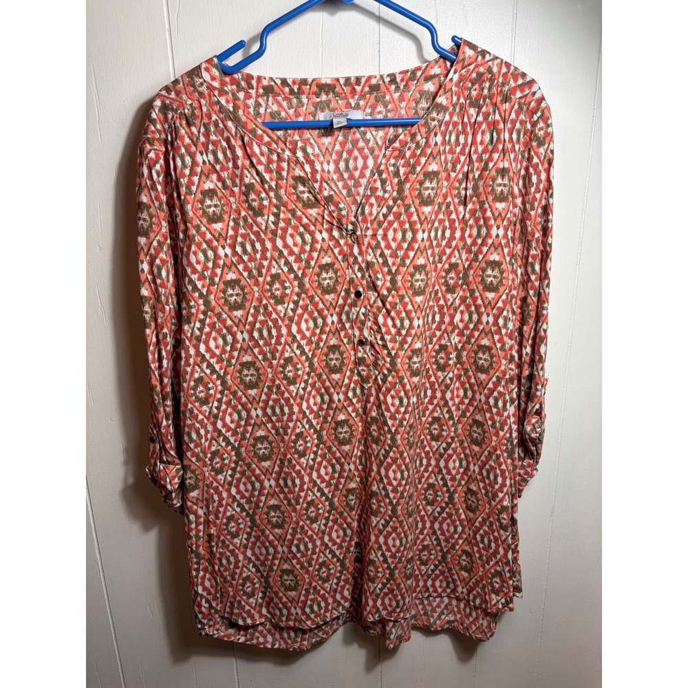 Croft & Barrow Womens XL Orange Geometric Diamond Rayon Roll Tab Henley Blouse